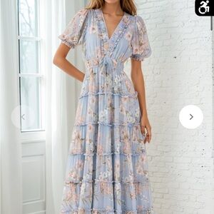 Yumi Kim Blue Pink Tiered Ruffled Maxi Dress